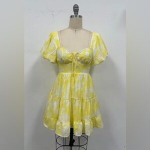 Yellow Puff-Sleeve Mini Dress with Tie Front
